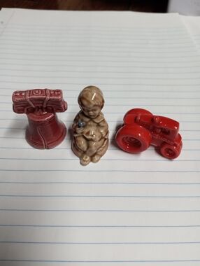 3 Wade england Figurines Red Ceramic Tractor with Brown Child and Red Bell Lot